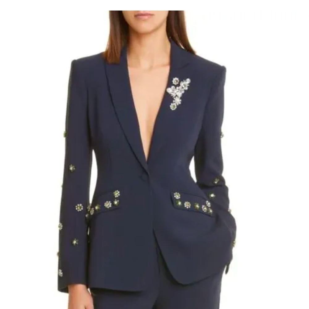 NWT Cinq A Sept Cheyenne Navy Rhinestone Flower Blazer